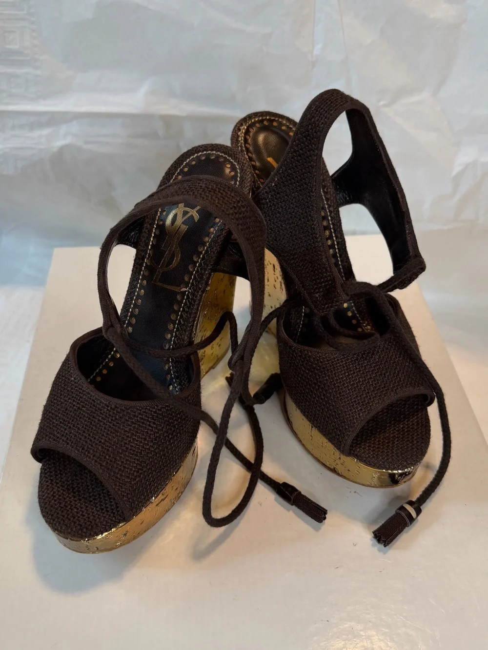 Yves Saint Laurent Dark Brown Woven Platform Wedge Sandals with Gold Trim